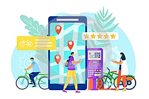 Bike sharing concept, city transport, vector illustration. Bicycle rental service mobile application. Ecological road