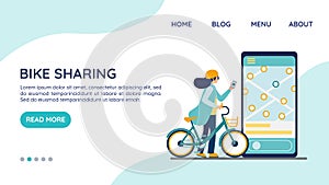 Bike sharing. Electric bicycle rental website landing page, template concept. Rental urban transport. Woman in helmet unlocks the