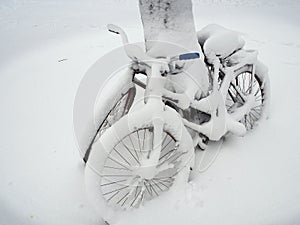 Bike in the snow in the city