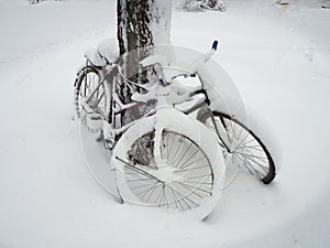 Bike in the snow in the city