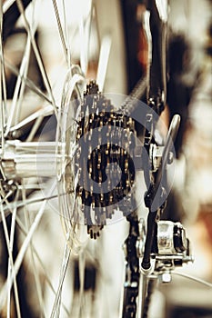 Bike speed changing assembly. Rear wheel. Steel bicycle chain. Transmission gears close-up.