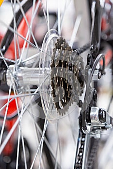 Bike speed changing assembly. Rear wheel. Steel bicycle chain. Transmission gears close-up