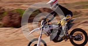Bike, sports and off road training with person on dirt track for adrenaline, competition or speed.