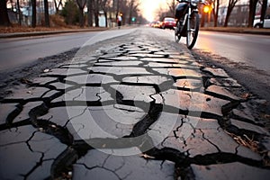 bike tire tracks leading around a pothole, safety concept