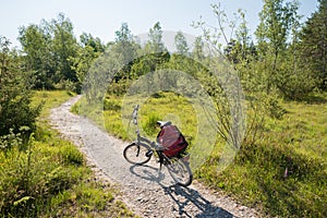 Bike trail through riparian landscape Isar river near Bad Tolz, bavaria in spring