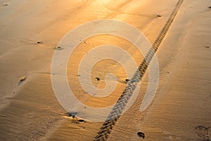 Bike tyre treads patterns impression on wet beach sand with evening golden sunlight on the sand shining