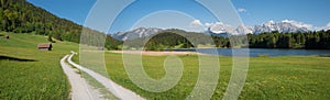 Bike way from Gerold to Barmsee, panorama mountain landscape with karwendel alps view bavaria