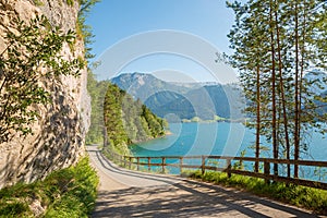 Bike way at lakeside Achensee east with mountain view