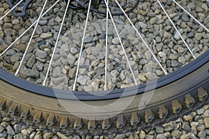 Bike wheel close-up on the stone background. Bicycle detail