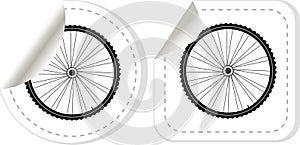 Bike wheel with tire and spokes vector sticker set