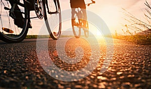 Bike wheels close up image on asphalt sunset road