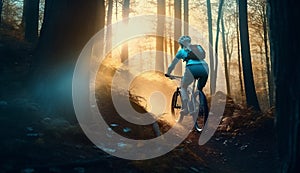 bike woman summer walking sunset cycling forest sport dark bicycle riding. Generative AI.