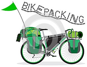 Bikepacking touring bicycle with camping bags. Vector illustration