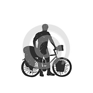 Bikepacking. Traveling long distanse cyclist silhouette standing with bicycle, hand drawn vector