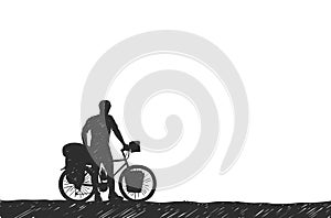 Bikepacking. Traveling man standing with touring bicycle with bags silhouette hand drawn