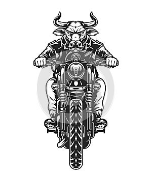 Biker with angry bull head driving motorcycle