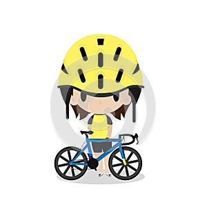 Biker and blue touring bicycle cartoon flat vector design.