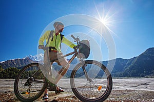 Biker-boy in Himalaya mountains, Anapurna region