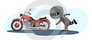 Biker cartoon. Child illustration.Runaway bike is catching up. Sports uniform and helmet. Cool motorcycle. Chopper