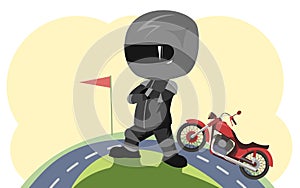 Biker cartoon. Child illustration. Sports uniform and helmet. End of road. Cool motorcycle. Chopper bike. Funny