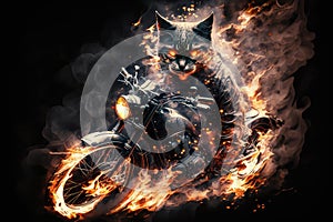biker cat in action with flames and smoke flying behind it