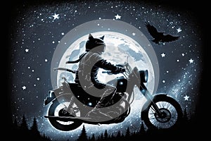 Kočka na její motorka na koni přes noc nebe 