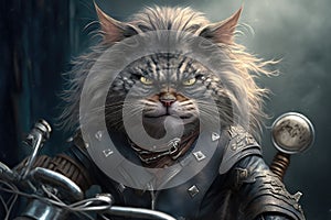 biker cat scowling at the camera, with its mean face and claws ready to fight