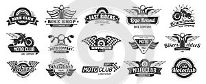 Biker club emblems. Retro motorcycle rider badges, moto sports emblem and motorbike silhouette badge vector set photo