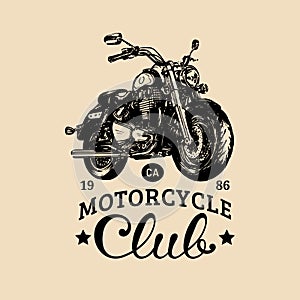 Biker club logo. Vector hand drawn motorcycle for MC sign, label. Vintage bike illustration for custom company etc.