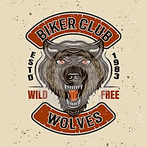 Biker club vector colored emblem with wolf head