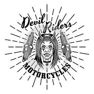 Biker club vector emblem, logo, badge, label, sticker or print with devil girl head and spark plugs. Illustration in