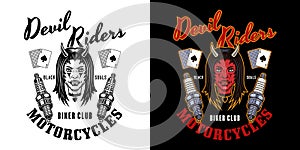 Biker club vector emblem, logo, badge, label, sticker or print with devil girl head and spark plugs. Illustration in two