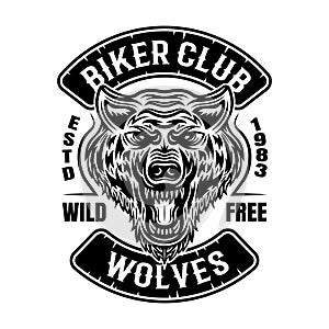 Biker club vector patch or emblem with wolf head