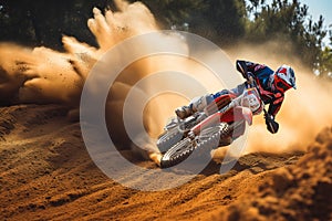 biker cornering fast on a dirt track with dust flying