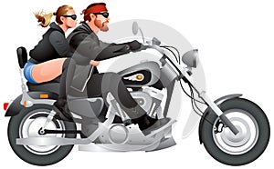 Biker couple riding motorcycle, custom Chopper motorbike realistic vector illustration