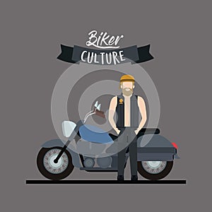 Biker culture poster with blond man and classic motorcycle with blue fuel tank and gray background