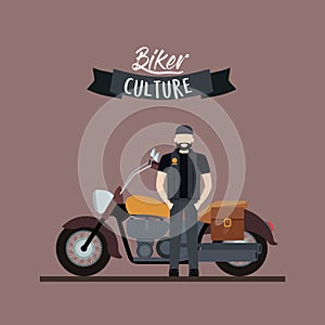 Biker culture poster with man and classic motorcycle with leather bag and yellow fuel tank in rosy brown background