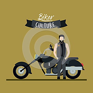 Biker culture poster with man and classic motorcycle with long telescopic fork and black fuel tank and olive color