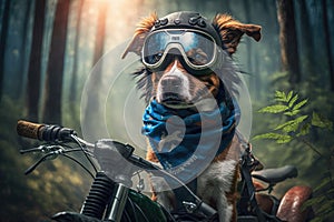 biker dog, with bandana and goggles, riding motorbike through forest