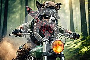 biker dog, with bandana and goggles, riding motorbike through forest