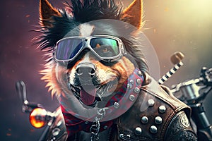 biker dog with bandana and spiked collar cruising on motorcycle