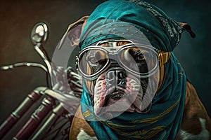 biker dog riding on custom-built chopper, wearing bandana and goggles