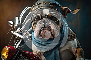 biker dog riding on custom-built chopper, wearing bandana and goggles