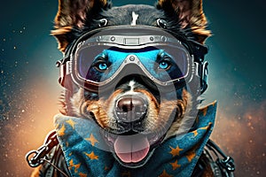 biker dog wearing bandana and goggles, with its tongue hanging out