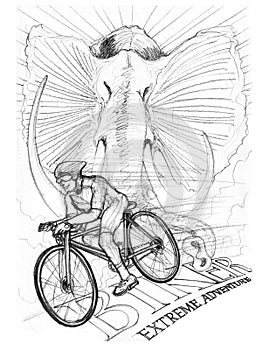 Biker driving bicycle with Africa elephant pencil stroke drawing