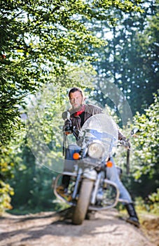 Biker driving his cruiser motorcycle on road in the forest