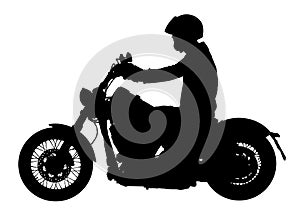 Biker driving a motorcycle rides along the asphalt road vector silhouette.