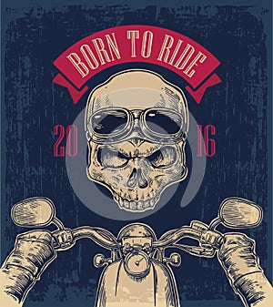 Biker driving a motorcycle rides and skull with glasses.