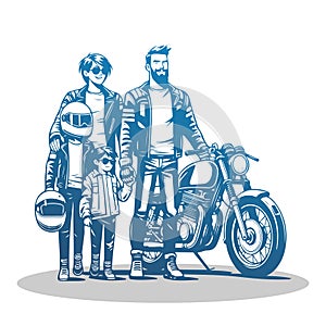 Biker Family. Vector Cartoon Illustration on White Background