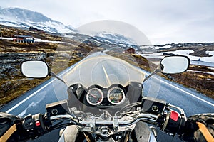 Biker First-person view, mountain pass in Norway